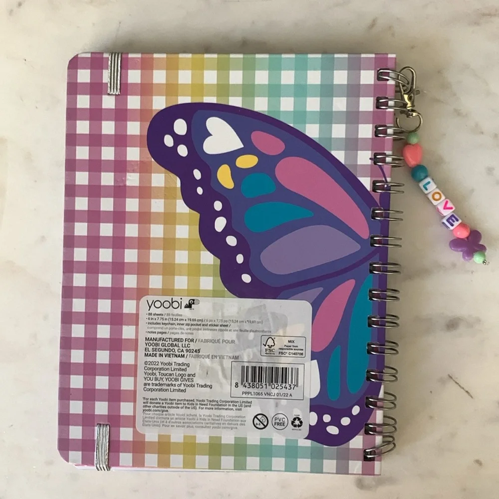 Yoobi Hard Cover Spiral Butterfly Theme Undated Planner with “Love” Keychain